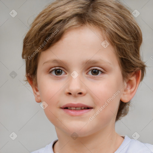 Joyful white child female with medium  brown hair and brown eyes