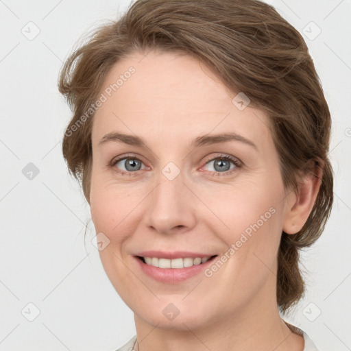 Joyful white young-adult female with medium  brown hair and green eyes