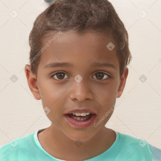 Joyful white child male with short  brown hair and brown eyes