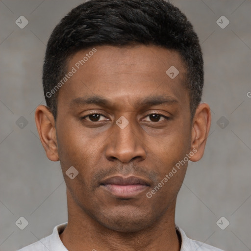 Neutral latino young-adult male with short  black hair and brown eyes