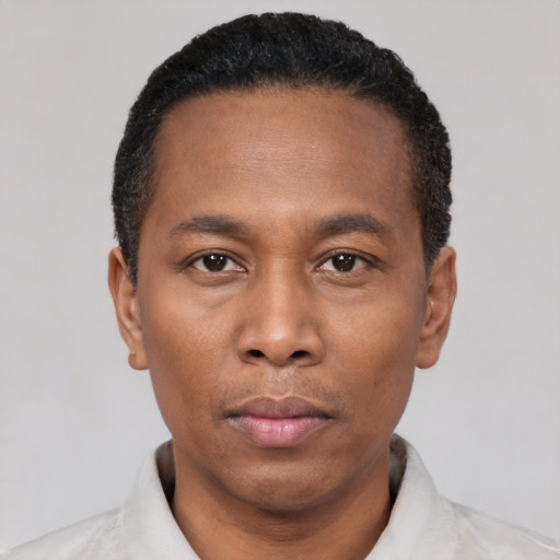 Neutral black young-adult male with short  black hair and brown eyes