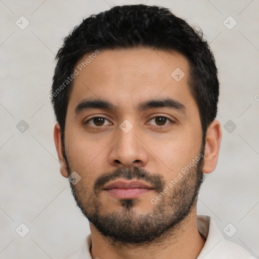 Neutral latino young-adult male with short  black hair and brown eyes