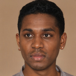 Neutral black young-adult male with short  black hair and brown eyes