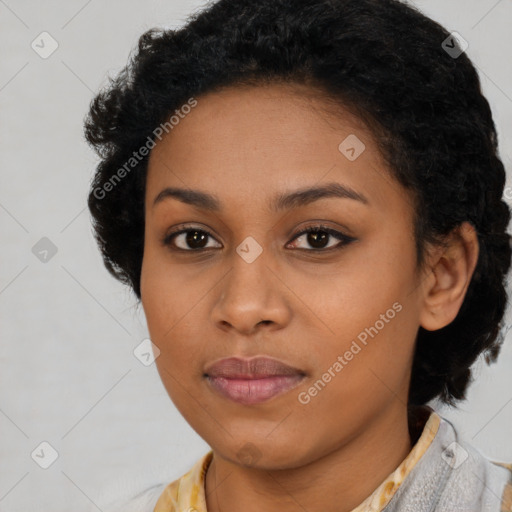 Neutral black young-adult female with medium  brown hair and brown eyes