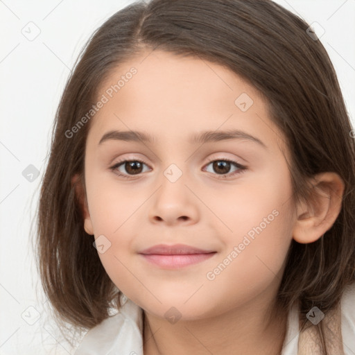 Joyful white child female with medium  brown hair and brown eyes