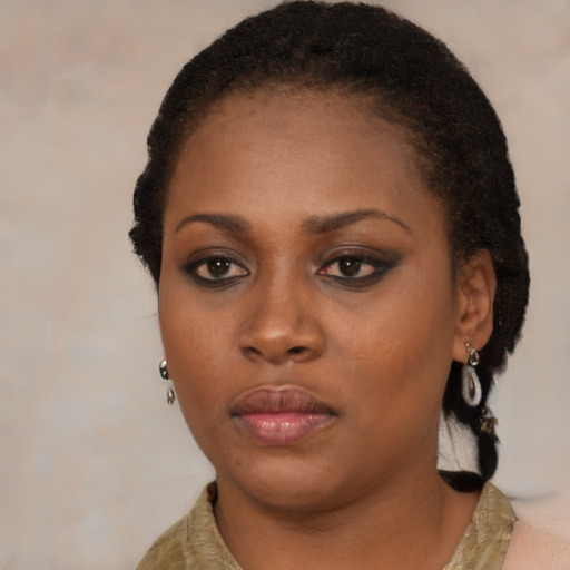 Neutral black young-adult female with short  black hair and brown eyes