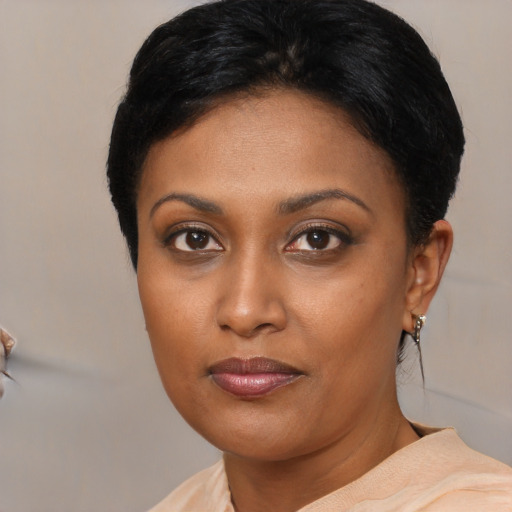 Neutral black young-adult female with medium  black hair and brown eyes