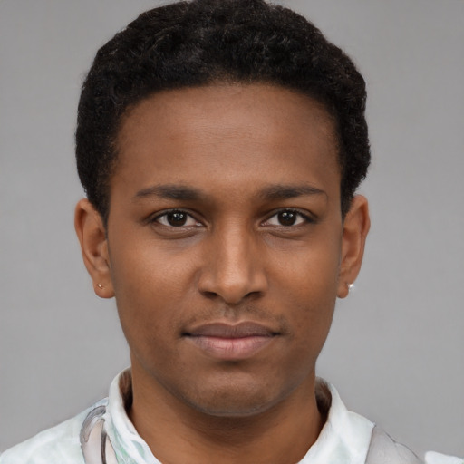 Neutral latino young-adult male with short  brown hair and brown eyes