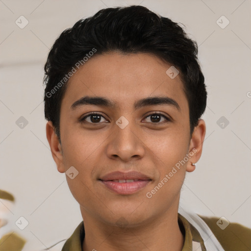 Joyful latino young-adult male with short  brown hair and brown eyes