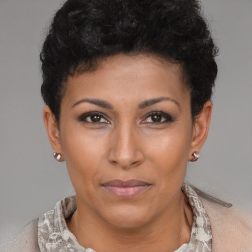 Neutral latino young-adult female with short  brown hair and brown eyes