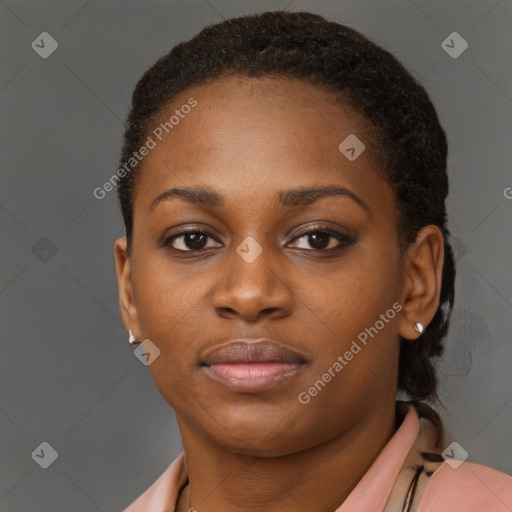 Neutral black young-adult female with short  brown hair and brown eyes