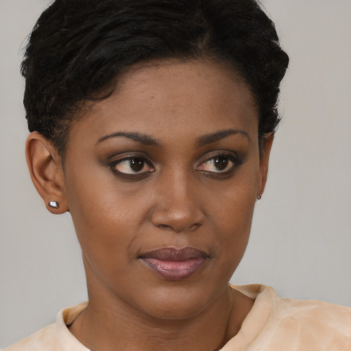 Joyful black young-adult female with short  brown hair and brown eyes