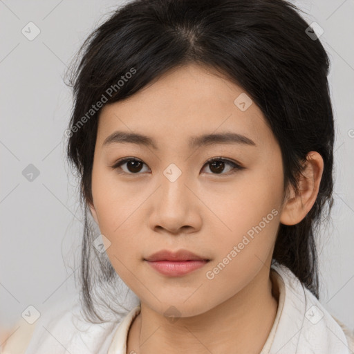 Neutral asian young-adult female with medium  brown hair and brown eyes