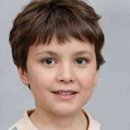 Joyful white child female with short  brown hair and brown eyes