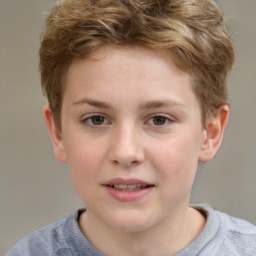 Joyful white child female with short  brown hair and brown eyes