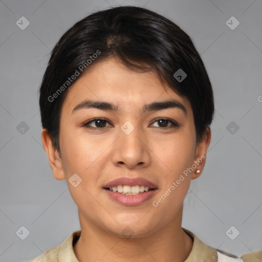 Joyful white young-adult female with short  brown hair and brown eyes