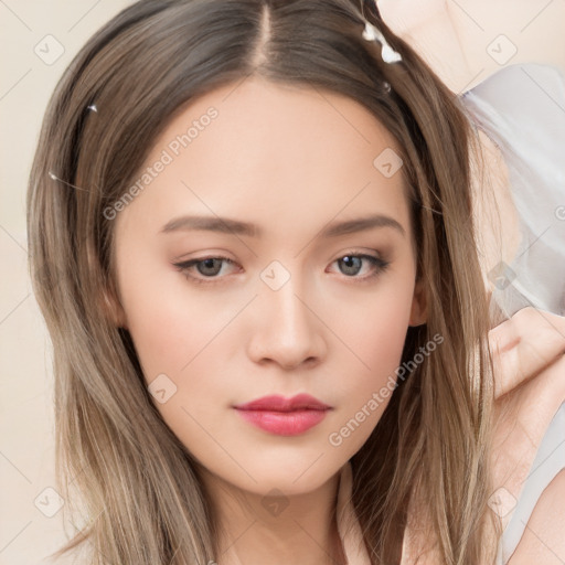 Neutral white young-adult female with medium  brown hair and brown eyes