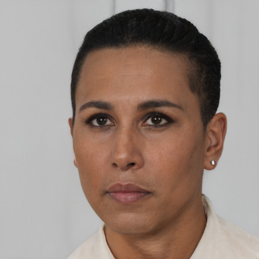 Neutral latino young-adult female with short  black hair and brown eyes