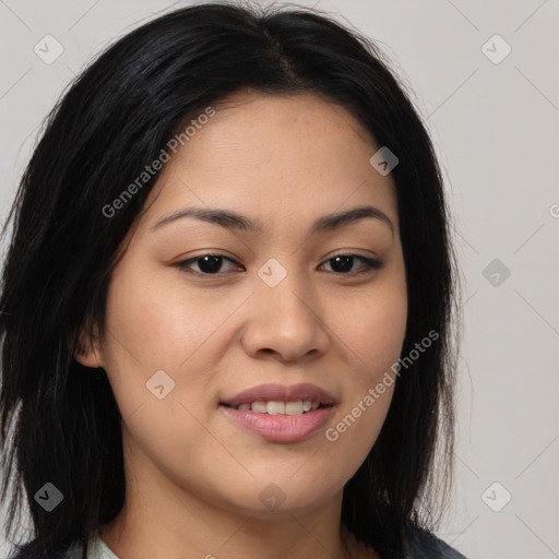 Joyful asian young-adult female with long  brown hair and brown eyes