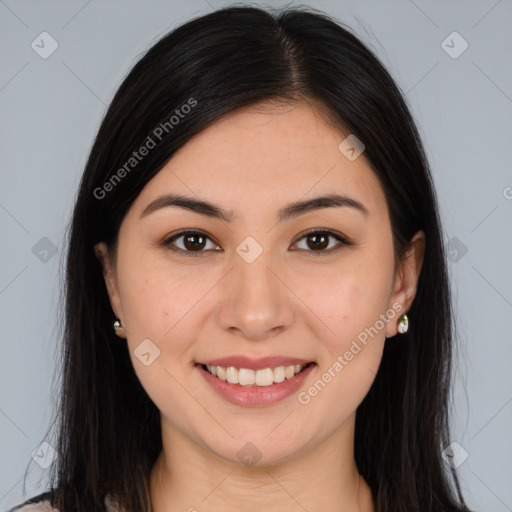 Joyful white young-adult female with long  brown hair and brown eyes