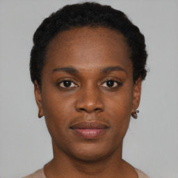 Neutral black young-adult female with short  black hair and brown eyes