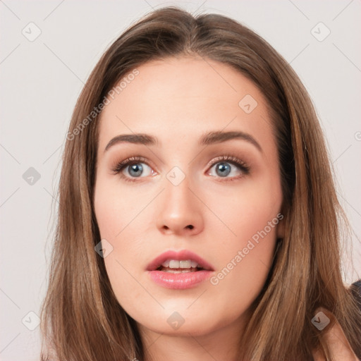 Neutral white young-adult female with long  brown hair and grey eyes