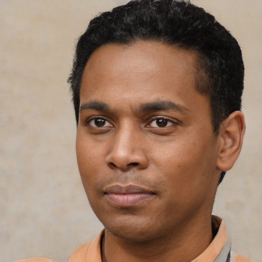 Neutral latino young-adult male with short  black hair and brown eyes