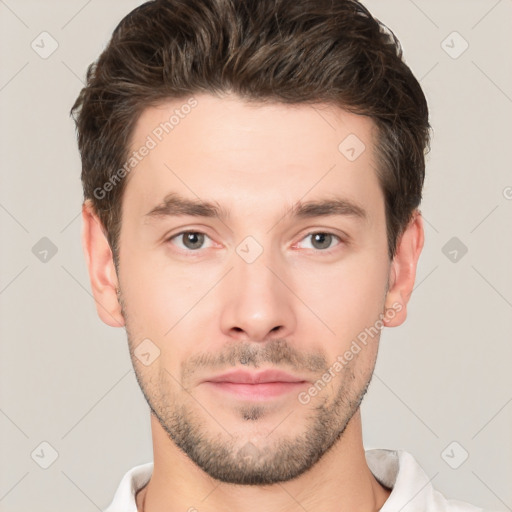 Neutral white young-adult male with short  brown hair and brown eyes