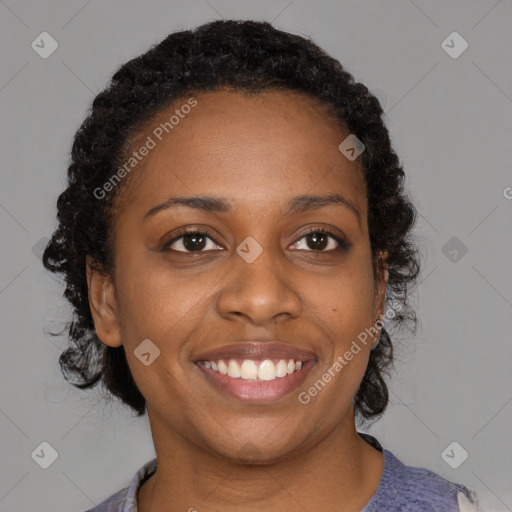 Joyful black young-adult female with medium  black hair and brown eyes