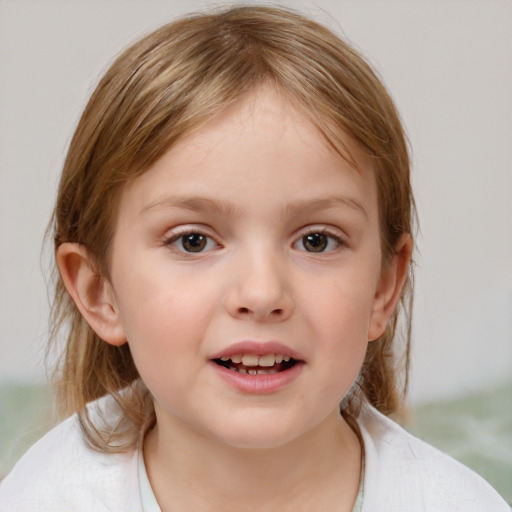 Joyful white child female with medium  brown hair and brown eyes