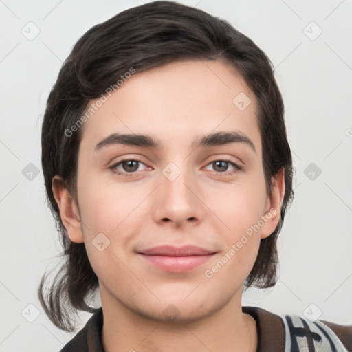 Joyful white young-adult female with medium  brown hair and brown eyes