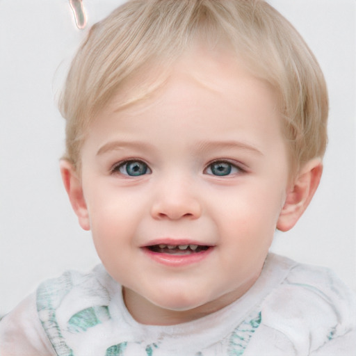 Joyful white child female with short  brown hair and blue eyes