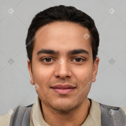 Neutral white young-adult male with short  black hair and brown eyes
