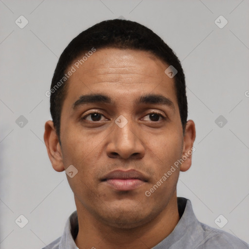 Neutral latino young-adult male with short  black hair and brown eyes