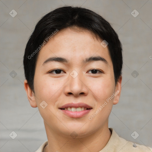 Joyful asian young-adult female with short  brown hair and brown eyes