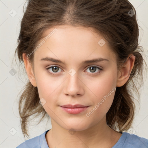 Joyful white child female with medium  brown hair and brown eyes