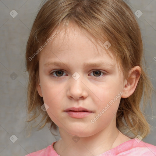 Neutral white child female with medium  brown hair and blue eyes