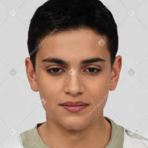 Joyful latino young-adult male with short  brown hair and brown eyes