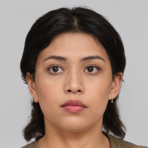 Neutral asian young-adult female with medium  black hair and brown eyes