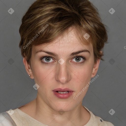 Neutral white young-adult female with short  brown hair and grey eyes