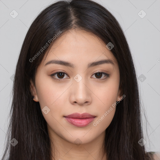 Neutral asian young-adult female with long  brown hair and brown eyes