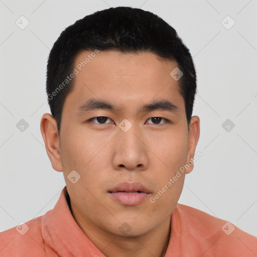 Neutral asian young-adult male with short  black hair and brown eyes