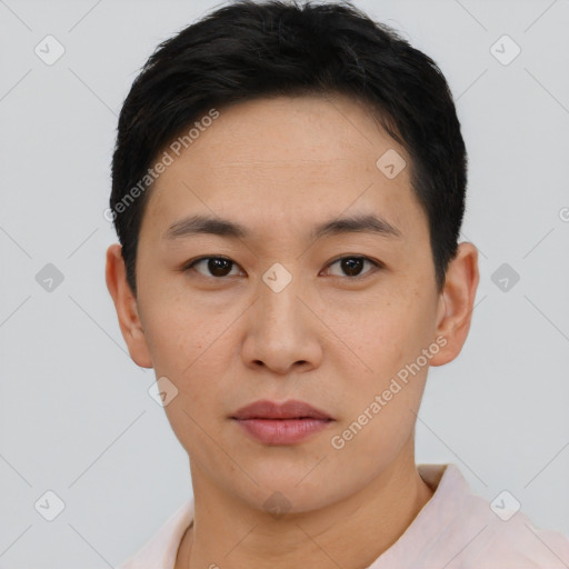 Neutral asian young-adult male with short  black hair and brown eyes