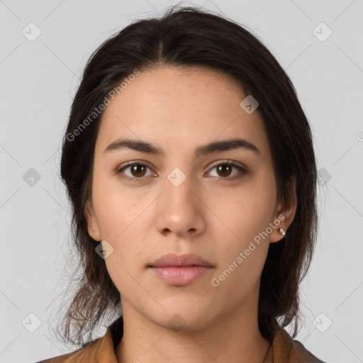 Neutral white young-adult female with medium  brown hair and brown eyes