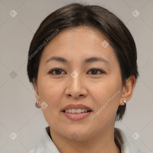 Joyful white young-adult female with medium  brown hair and brown eyes