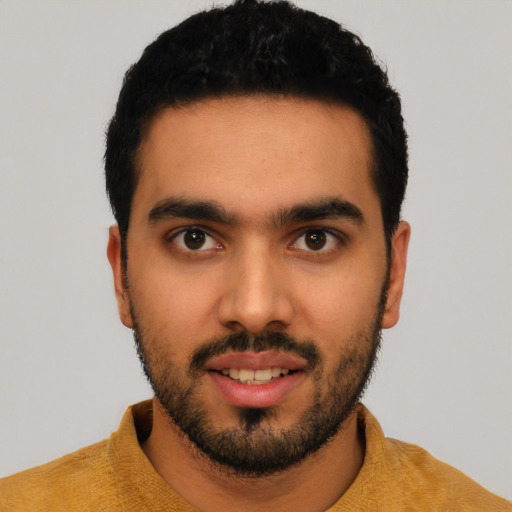 Neutral latino young-adult male with short  black hair and brown eyes