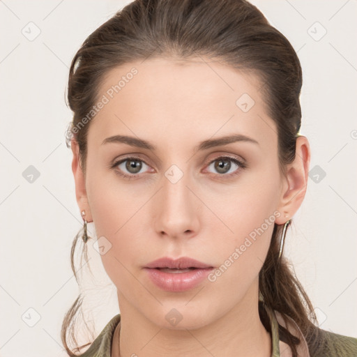 Neutral white young-adult female with medium  brown hair and grey eyes