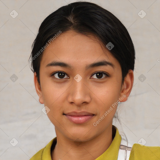 Joyful asian young-adult female with short  black hair and brown eyes