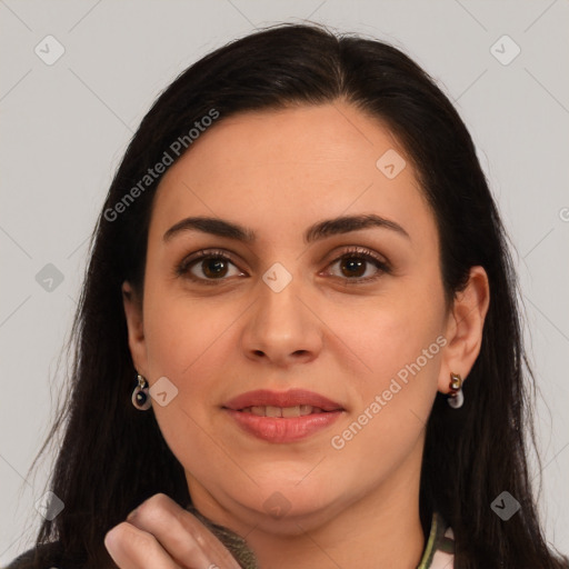 Joyful white young-adult female with long  brown hair and brown eyes