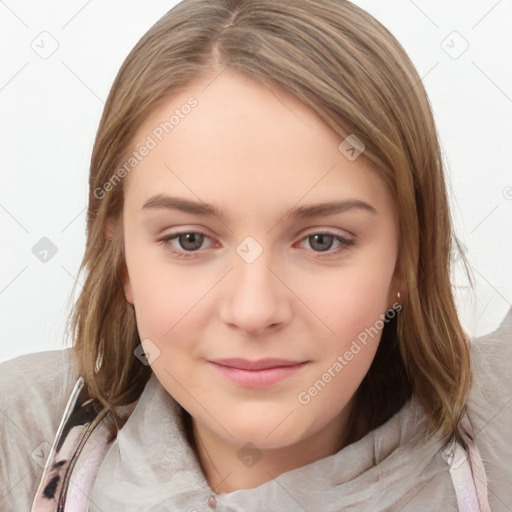 Joyful white child female with medium  brown hair and brown eyes